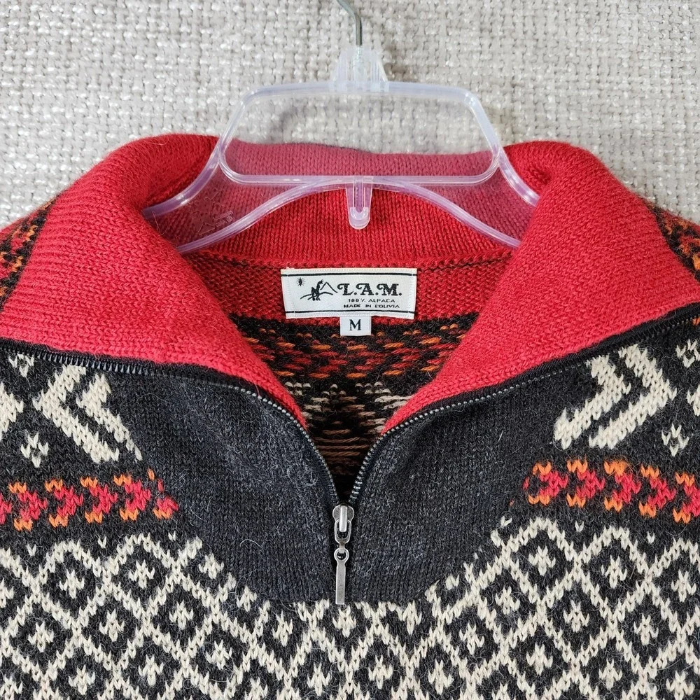 LAM 100% Alpaca 1/4 Zip Sweater Unisex M Multicolor Geo Alpine Pattern‎ Bolivia
